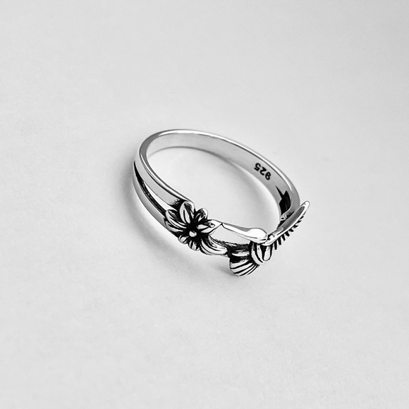 Sterling Silver Flower and Hummingbird Ring, Bird Ring, Silver Rings, Animals - Picture 6 of 14